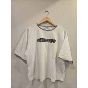 Vintage Guess Oversized Boxy Tee, White With Checkered Trim, Size One Size